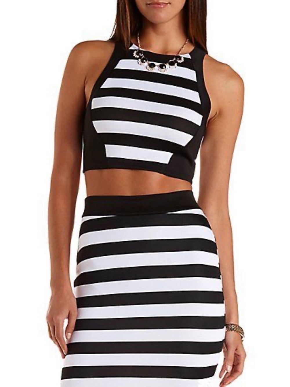 Charlotte Russe Black and White Striped Crop Top & Skirt Set XS